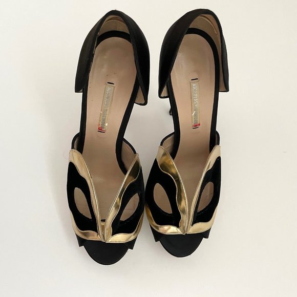 Nickolas Kirkwood Black Satin Gold Leather Pumps 39 - Picture 8 of 12